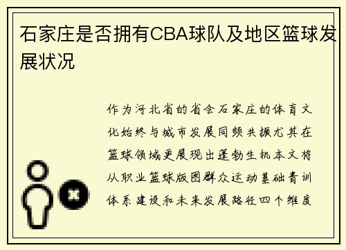 石家庄是否拥有CBA球队及地区篮球发展状况