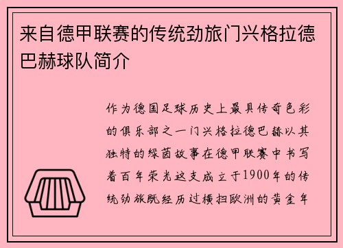 来自德甲联赛的传统劲旅门兴格拉德巴赫球队简介
